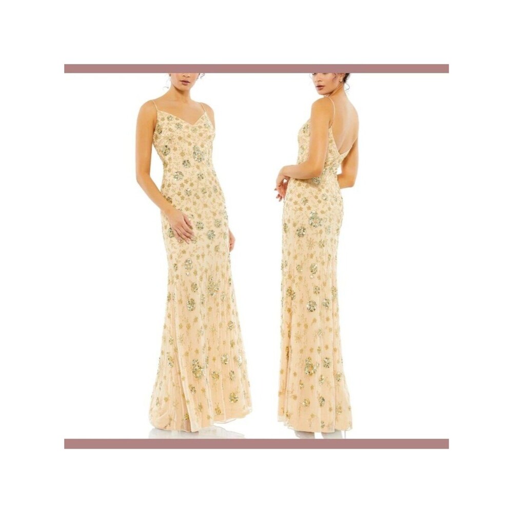Mac Duggal Sleeveless Beaded Slip Dress Gold Floral Evening Gown Formal Event